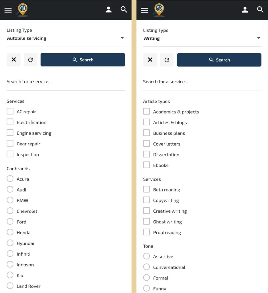 Lystingz filters for services and businesses